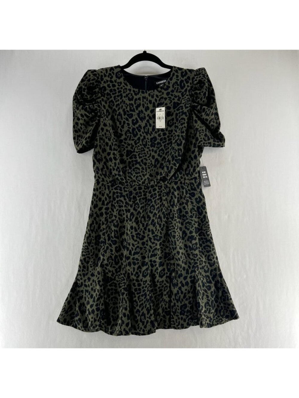 Express Mini Dress Womens XS Puff Sleeve Fit and Flare Leopard Print Green Black